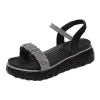 Seaside Beach Sandals for Women Platform Wedge Sandals Slip-on Female Casual Daily Wear Rhinestones Pure Color Breathable Cool