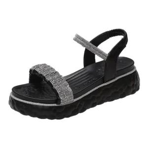 Seaside Beach Sandals for Women Platform Wedge Sandals Slip-on Female Casual Daily Wear Rhinestones Pure Color Breathable Cool